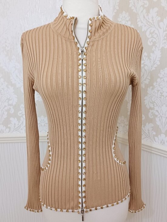 Cache Tops - Cache Gold Taupe Long Sleeve Zip Up Jacket Top - Size Small - Silk Spandex